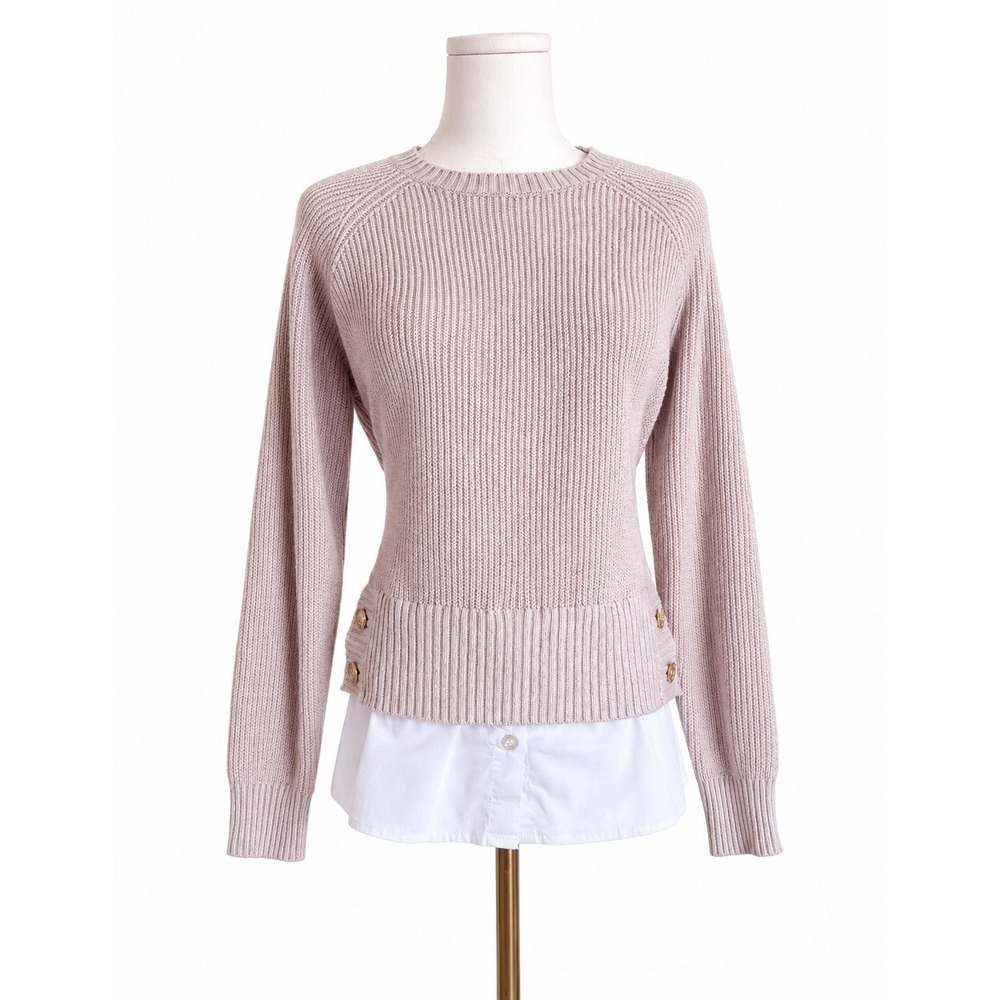 MARC NEW YORK Andrew Marc | Beige Layered Shirttail Sweater Gold Button Size L